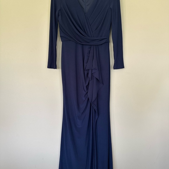 Betsy & Adam Elle Women 8 Long Sleeve Maxi Dress Gown Navy Blue Side Slit Ruffle - Picture 5 of 12